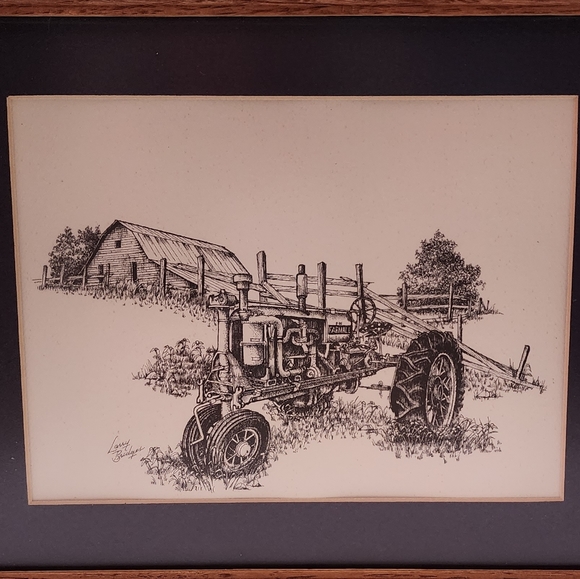 Vintage Larry Bridges Tractor and Barn Etching Matted and Framed - Picture 5 of 9